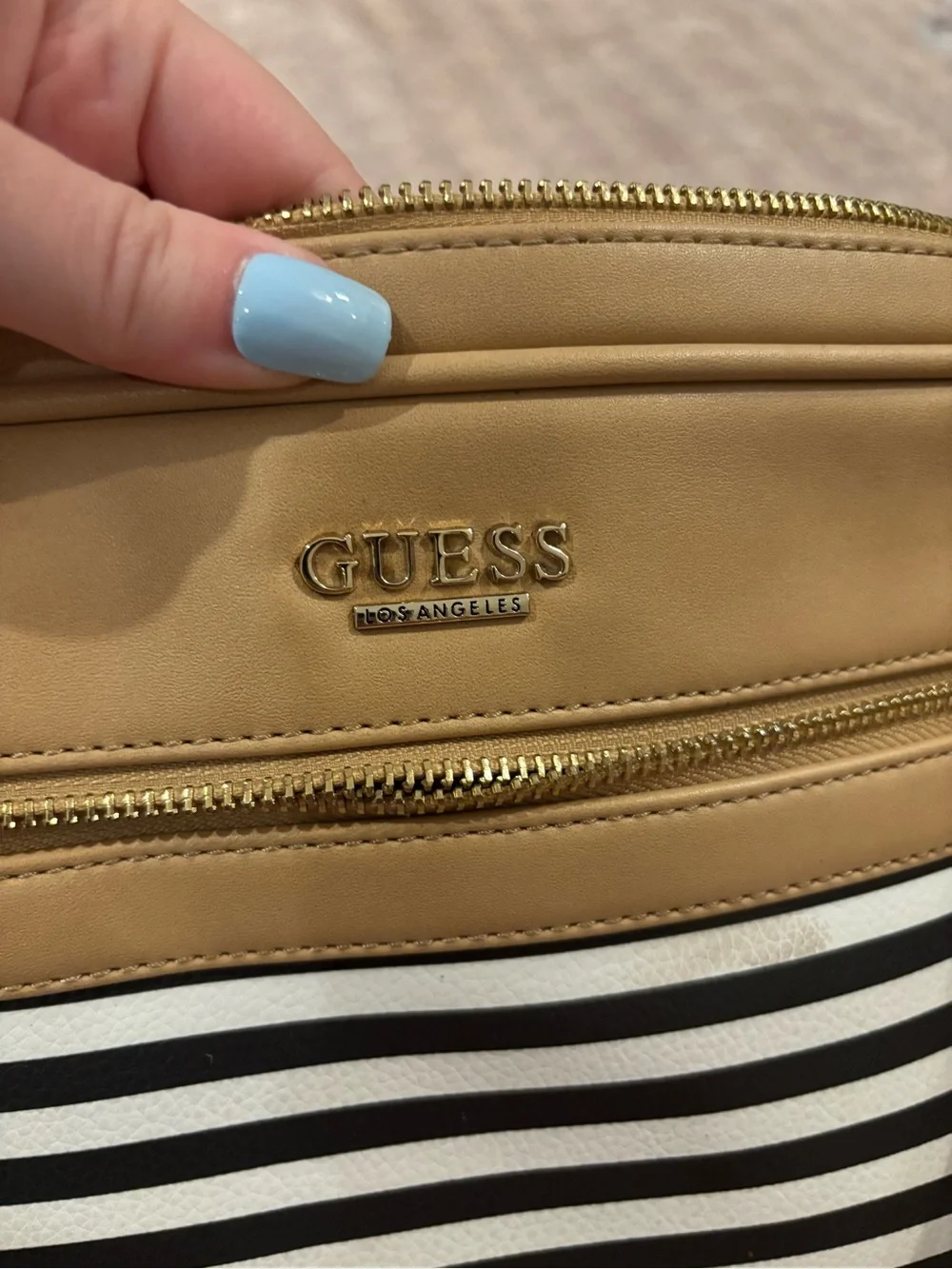 GUESS Tan and Black Striped Laptop Bag